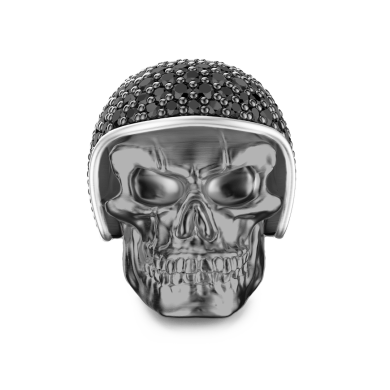 Anello Zancan in argento brunito a teschio biker con pietre nere.