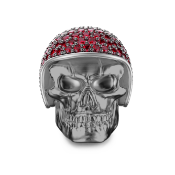 Zancan burnished silver biker skull ring with red stones. 2