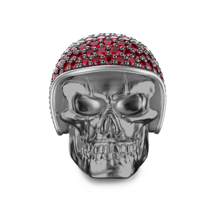 Zancan burnished silver biker skull ring with red stones.