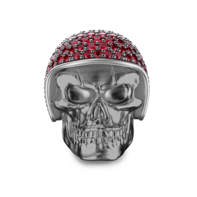Zancan burnished silver biker skull ring with red stones.