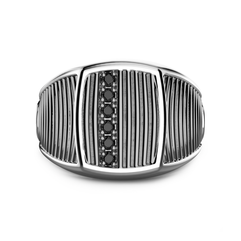 Zancan burnished silver and black stone signet ring.