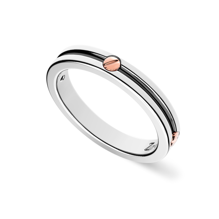 Anello a fede Zancan in argento con vite in oro rosa.