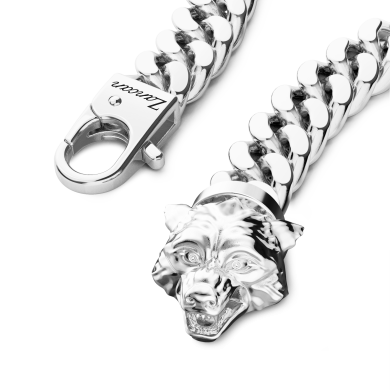 Zancan-Panzerkettenarmband aus Silber mit Wolfskopf-Verschluss.