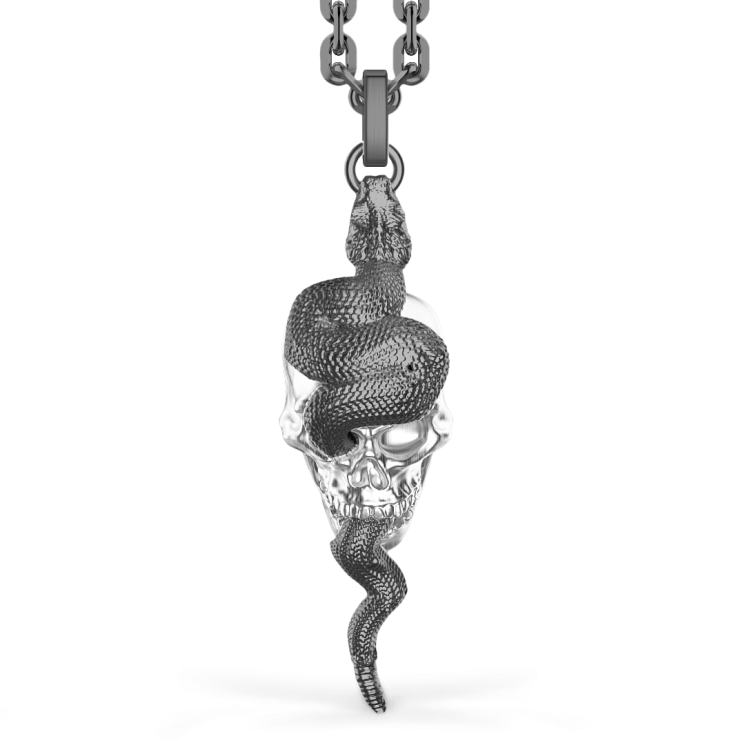 Collana Zancan in argento con pendente a teschio e serpente.