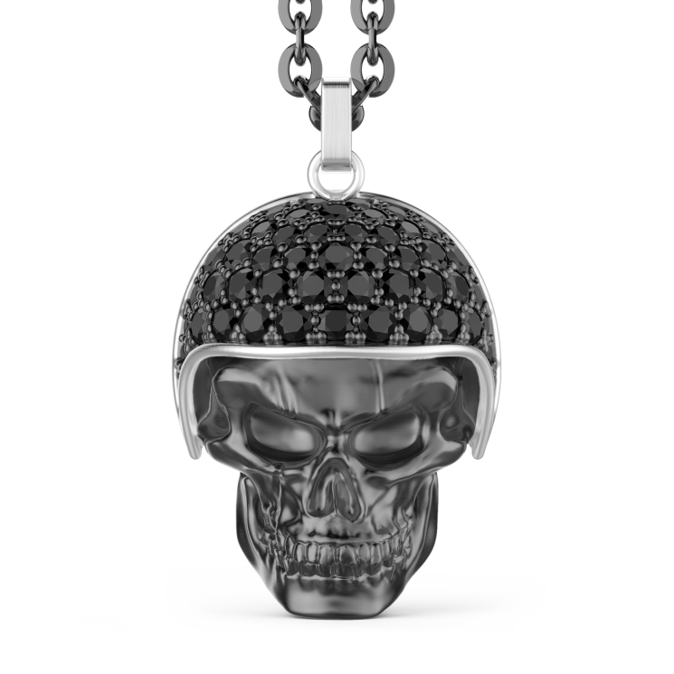 Zancan burnished silver necklace with biker skull pendant with black stones.