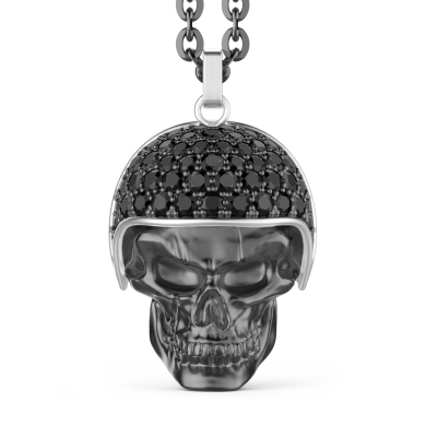 Zancan burnished silver necklace with biker skull pendant with black stones.