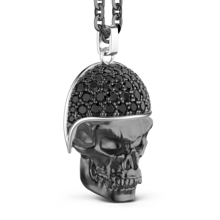 Zancan burnished silver necklace with biker skull pendant with black stones.