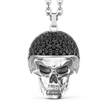 Collana Zancan in argento con pendente teschio biker con pietre nere.