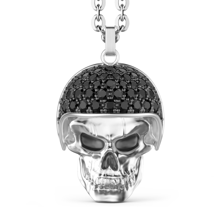 Zancan silver necklace with biker skull pendant with black stones.