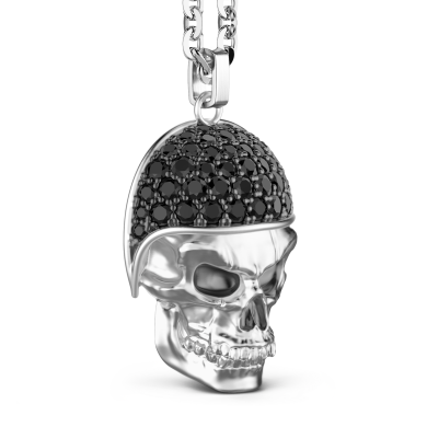 Zancan silver necklace with biker skull pendant with black stones.
