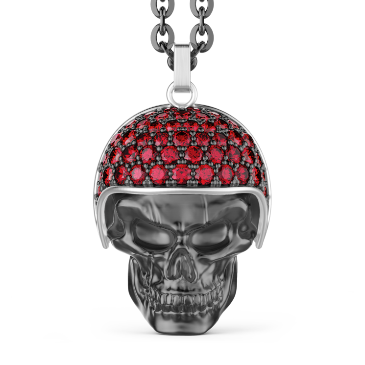 Collana Zancan in argento con pendente teschio biker con pietre rosse.