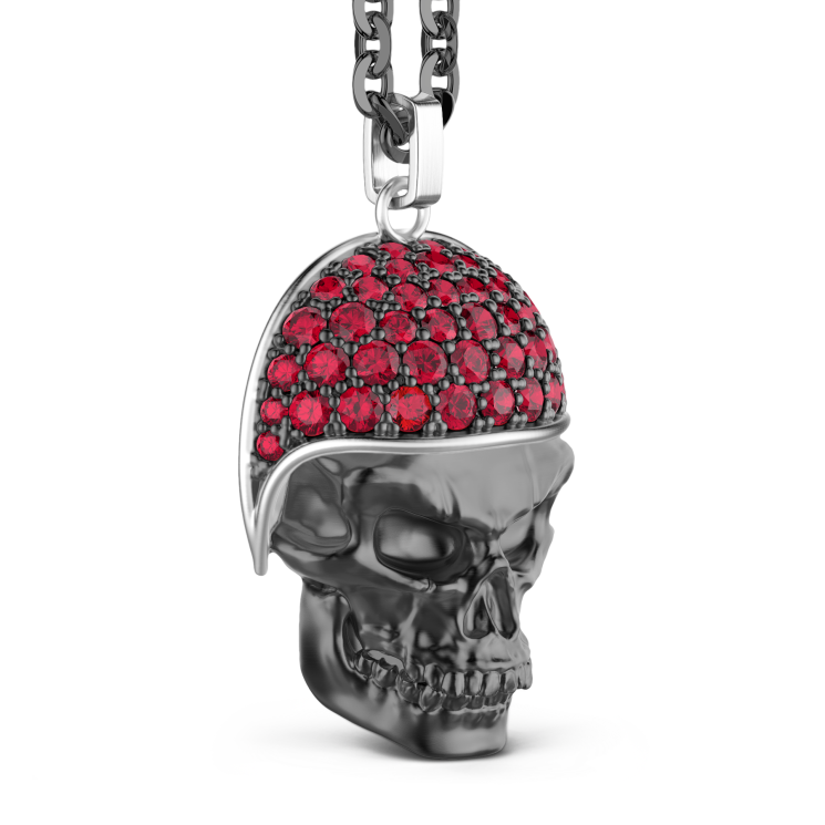 Collana Zancan in argento con pendente teschio biker con pietre rosse.