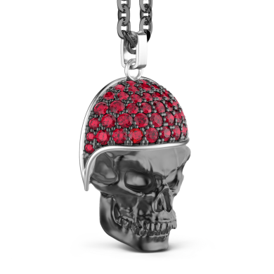 Collana Zancan in argento con pendente teschio biker con pietre rosse.