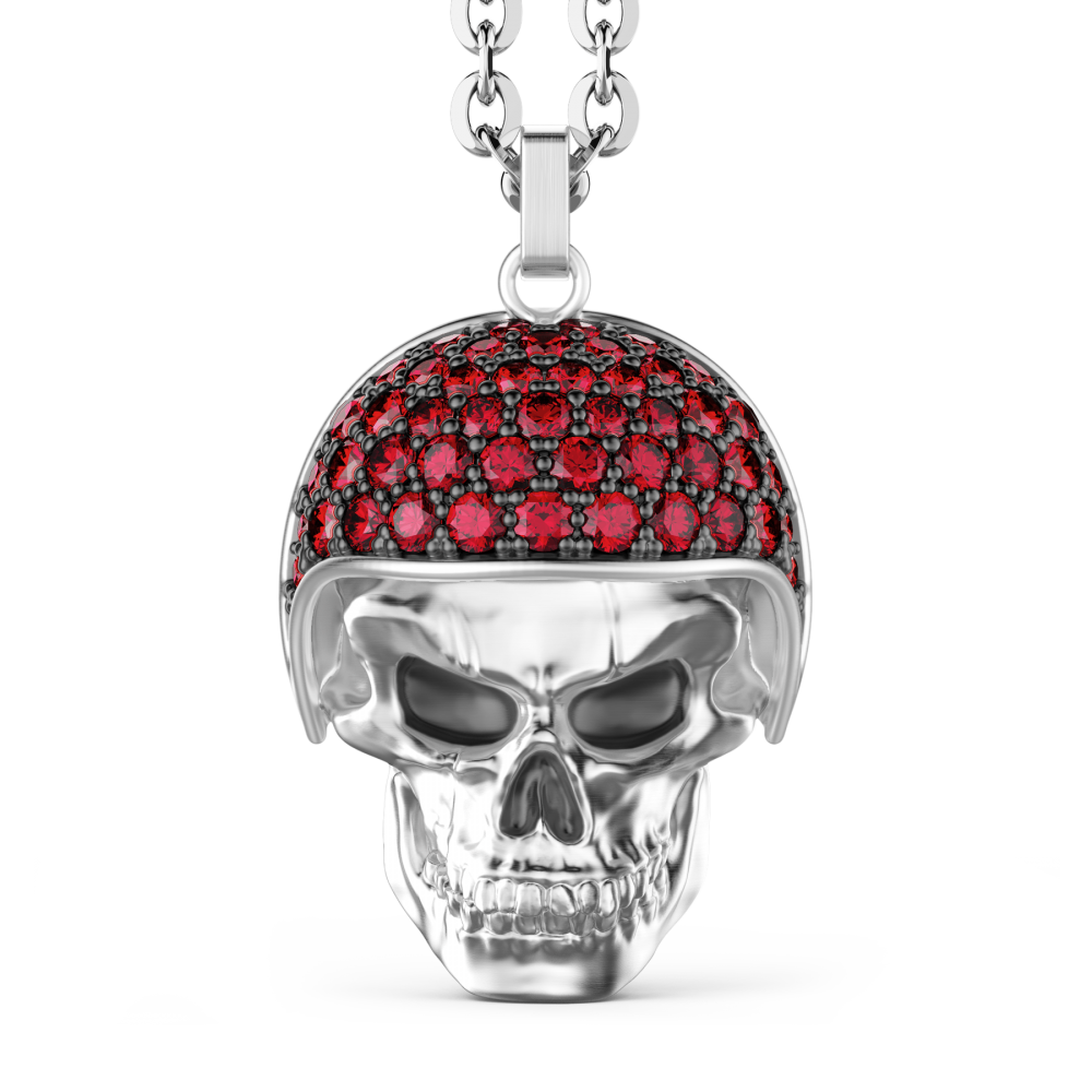 Collana Zancan in argento con pendente teschio biker con pietre rosse.