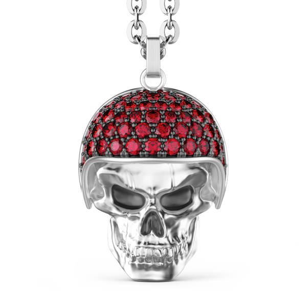 Collana Zancan in argento con pendente teschio biker con pietre rosse.