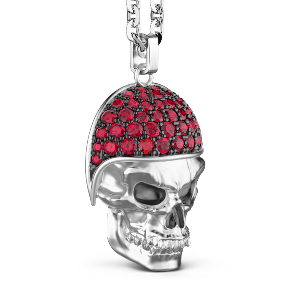 Collana Zancan in argento con pendente teschio biker con pietre rosse.