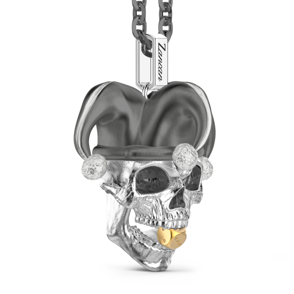 Zancan-Kette aus Silber mit Anhänger in Form eines Totenkopf-Jokers.