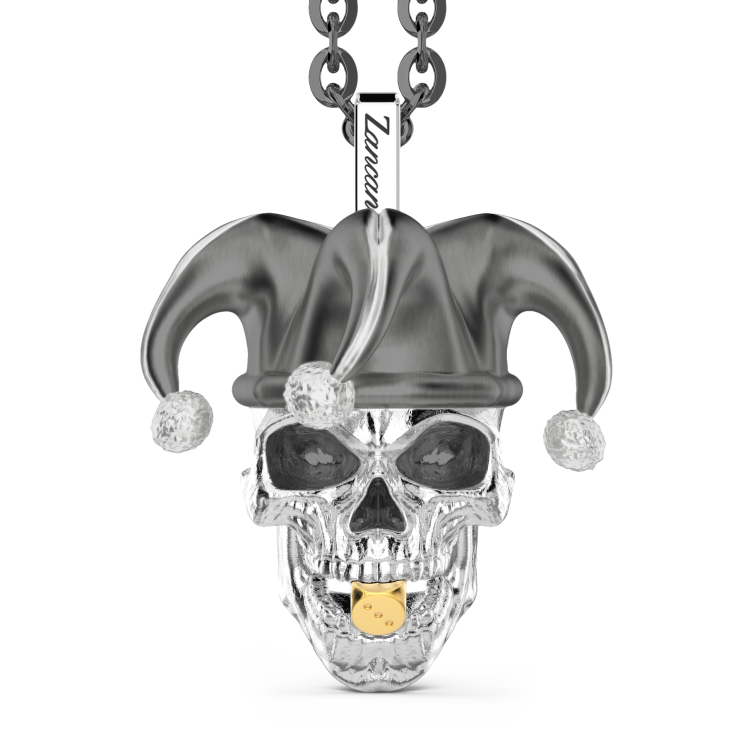 Zancan-Kette aus Silber mit Anhänger in Form eines Totenkopf-Jokers.