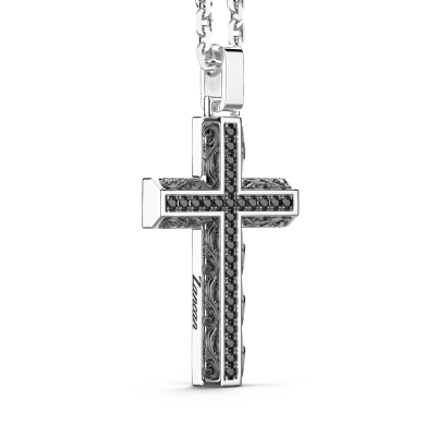 Collana Zancan in argento con pendente a croce e pietre nere.