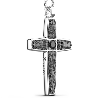 Zancan silver necklace with cross pendant and black stones.