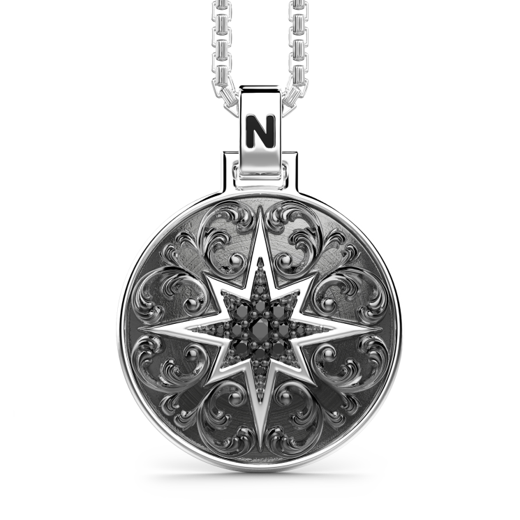 Zancan silver necklace with wind rose pendant and black stones.