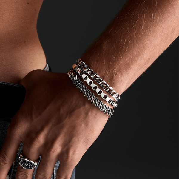 Zancan silver link-only bracelet with black stones.