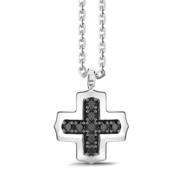 Collar Zancan de plata con colgante de cruz griega y piedras negras.
