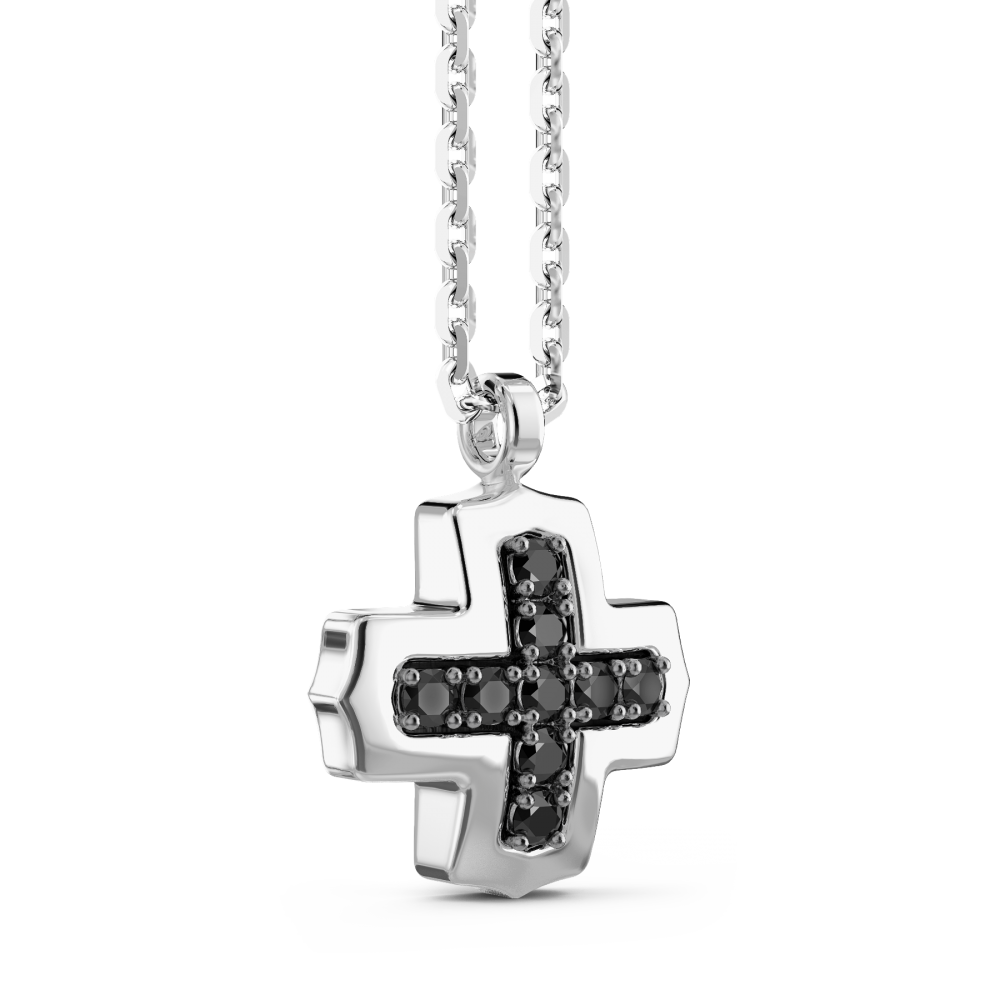 Collar Zancan de plata con colgante de cruz griega y piedras negras.