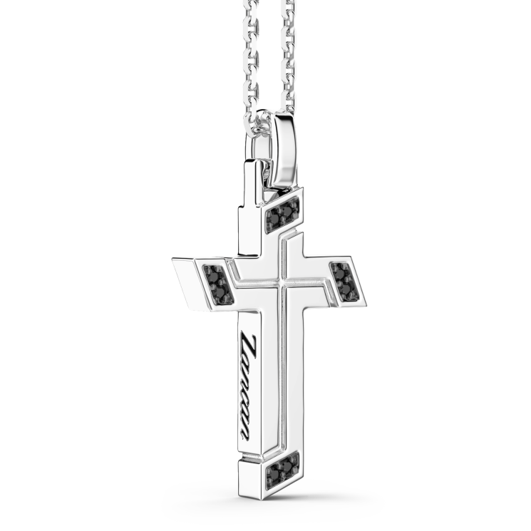 Zancan silver necklace with cross pendant and black stones.
