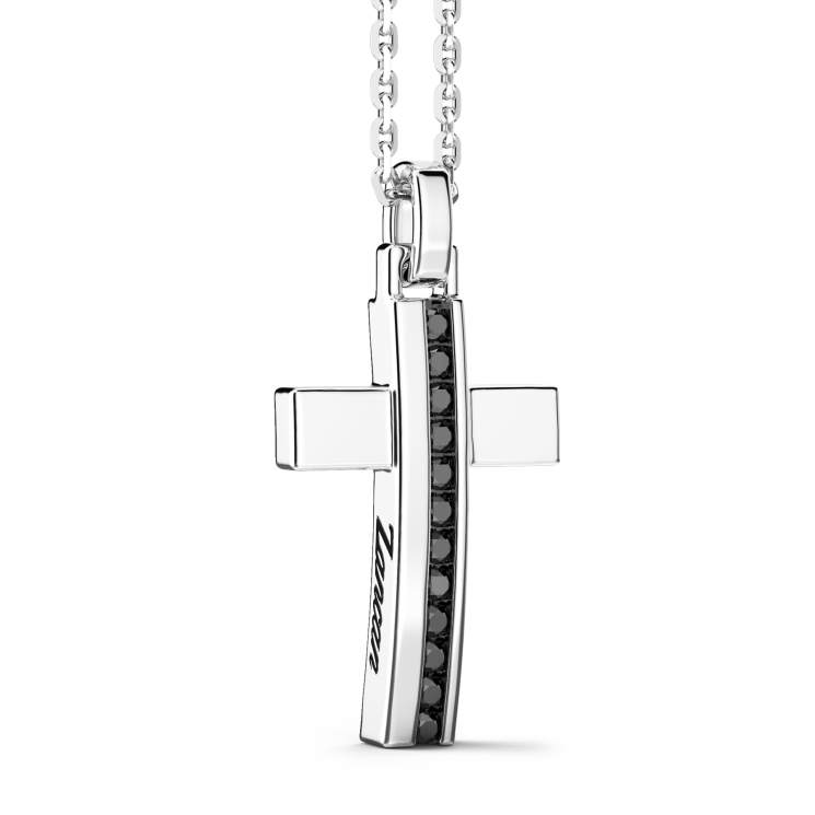 Collana Zancan in argento con pendente a croce e pietre nere.