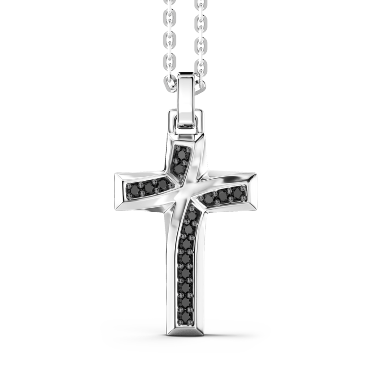 Zancan silver necklace with cross pendant and black stones.