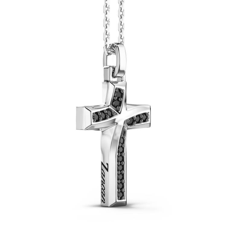 Zancan silver necklace with cross pendant and black stones.