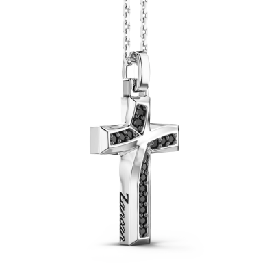 Zancan silver necklace with cross pendant and black stones.