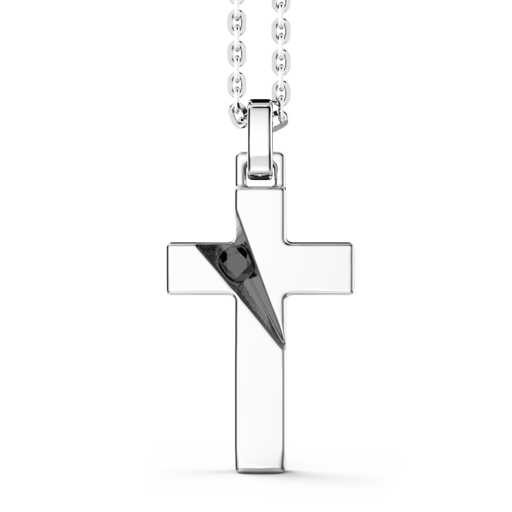 Zancan silver necklace with cross pendant and black stones.