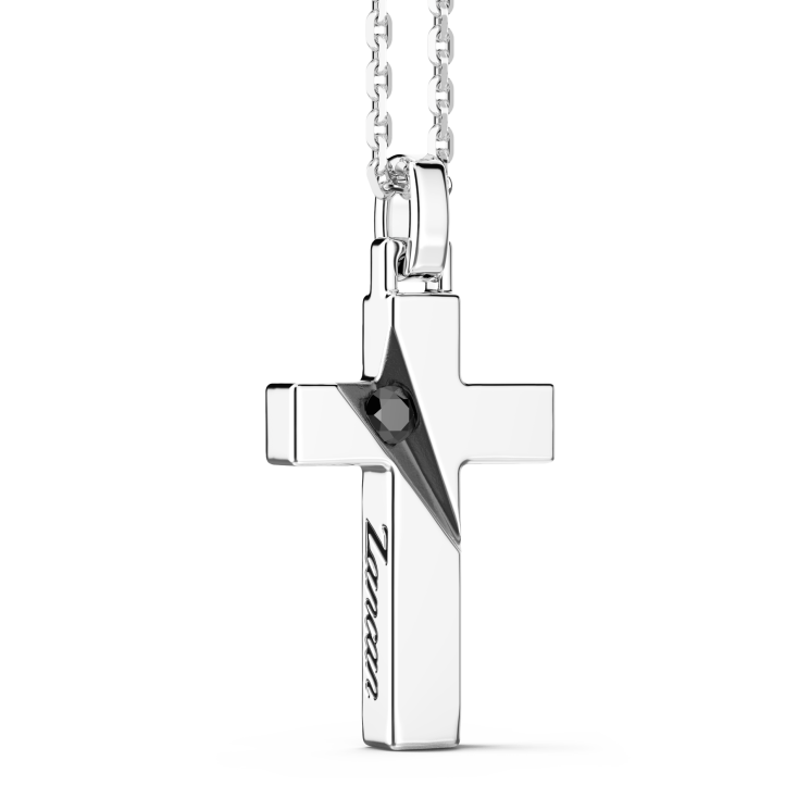 Zancan silver necklace with cross pendant and black stones.
