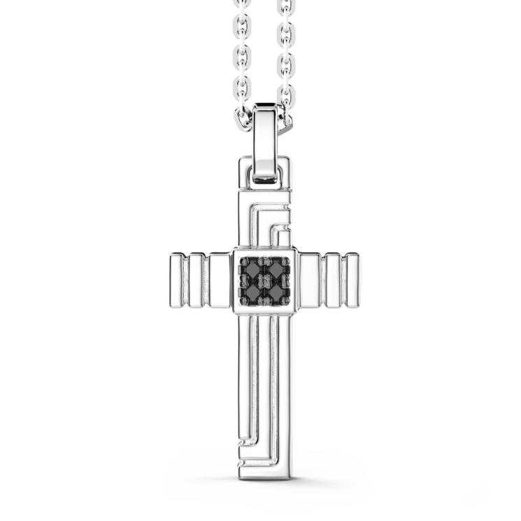 Zancan silver necklace with cross pendant and black stones.