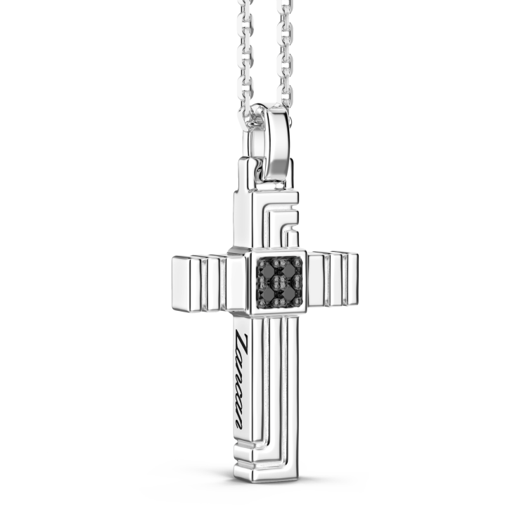 Zancan silver necklace with cross pendant and black stones.