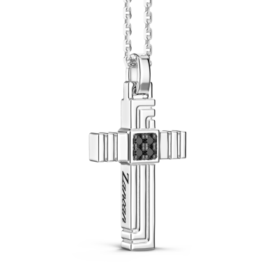Zancan silver necklace with cross pendant and black stones.