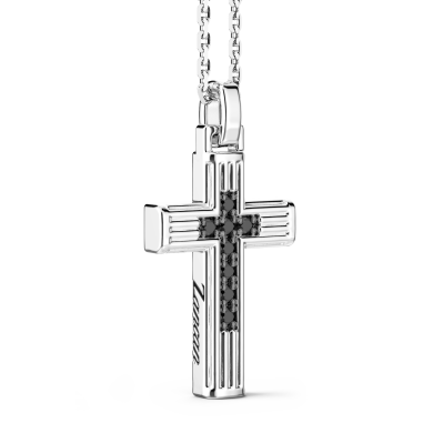 Zancan silver necklace with cross pendant and black spinels.