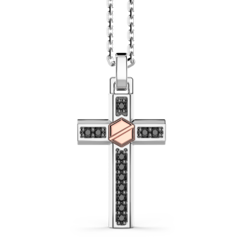 Zancan-Kette aus Silber mit Kreuzanhänger, einer Schraube aus Roségold und schwarzen Edelsteinen.