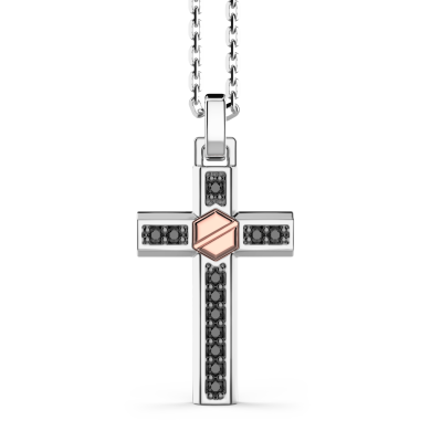 Collana Zancan in argento con pendente a croce vite in oro rosa e pietre nere.