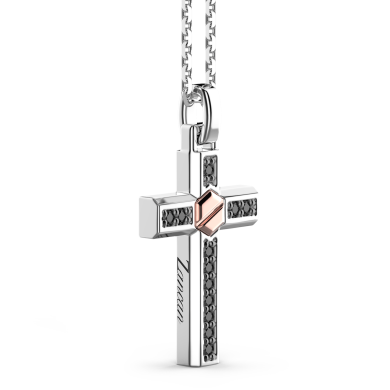 Collana Zancan in argento con pendente a croce vite in oro rosa e pietre nere.
