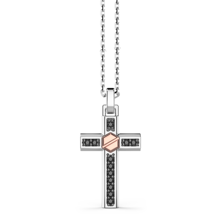 Collana Zancan in argento con pendente a croce vite in oro rosa e pietre nere.