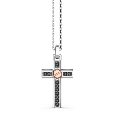 Collana Zancan in argento con pendente a croce vite in oro rosa e pietre nere.