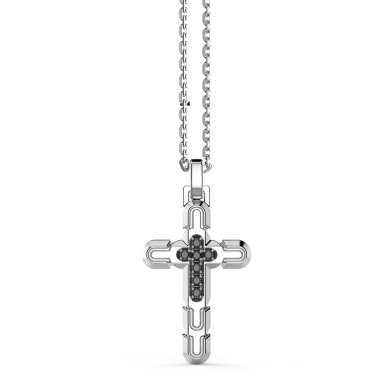 Zancan-Kette aus Silber mit Kreuzanhänger und schwarzen Edelsteinen.