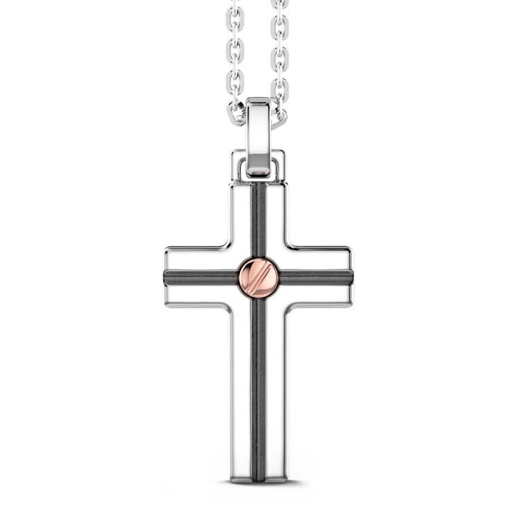 Zancan silver necklace with cross pendant and rose gold screw.