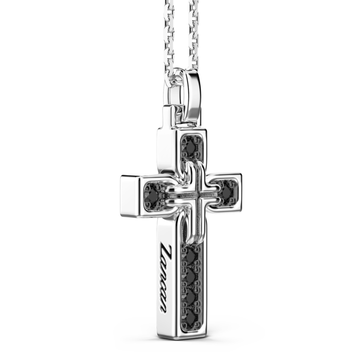 Collana Zancan in argento con pendente a croce e pietre nere.