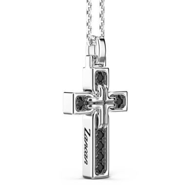 Collana Zancan in argento con pendente a croce e pietre nere.