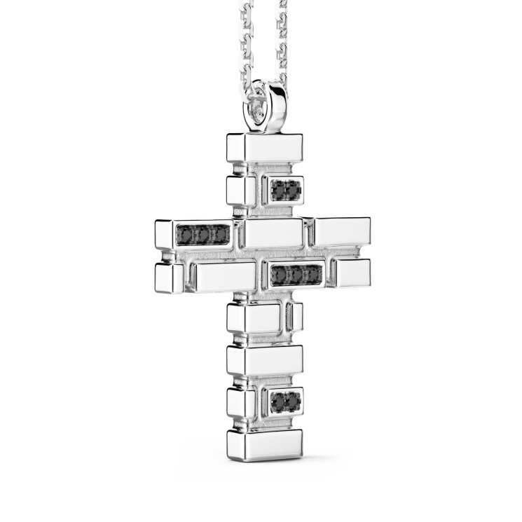 Zancan silver necklace with cross pendant and black stones.