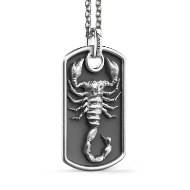 Zancan silver necklace with scorpion on tag pendant.